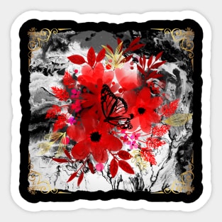 Painted Blooms on Spilled Canvas - Gold and red - black and white Sticker